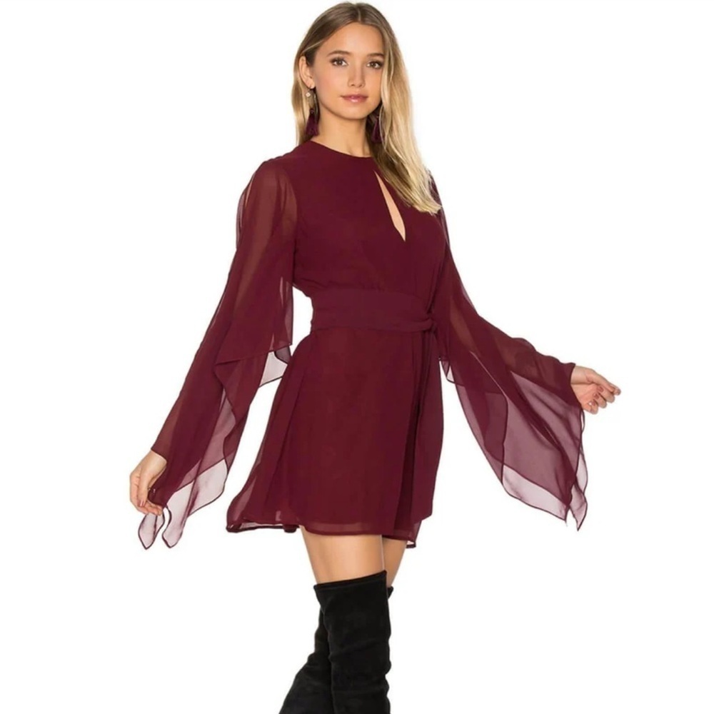 Keepsake The Label Burgundy Step Back Sheer Bat Wing Mini Dress